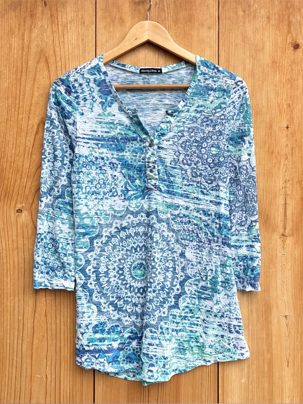 David Cline Wave Lightweight Henley Tee Shirt Sz Medium